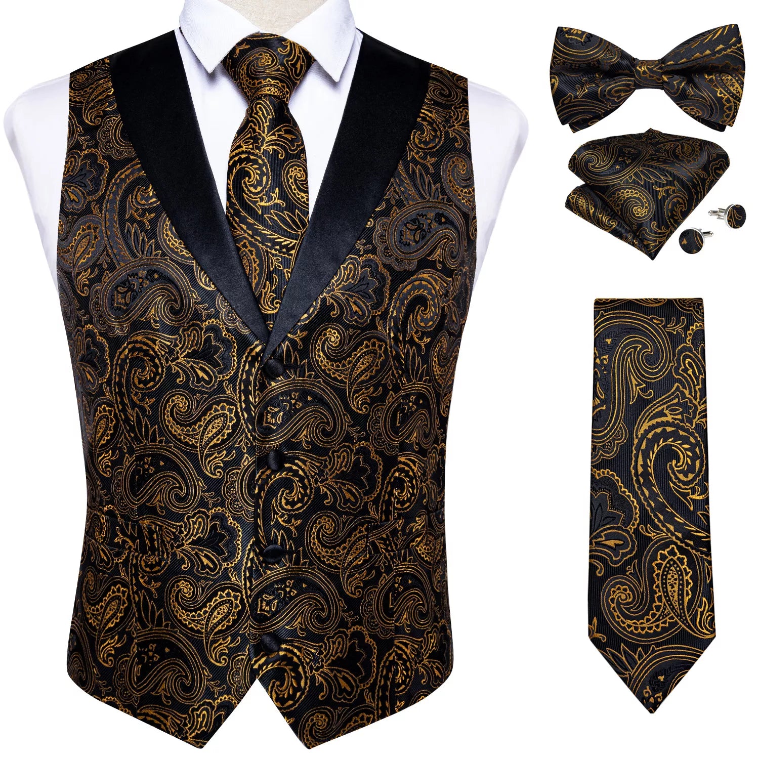 Brand Suit Vest Set For Men Luxury Silk Black Gold Paisley Dress Vest Tie Cufflinks Handkerchief Set Male Sleeveless Waistcoat voguable