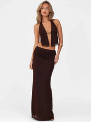 Hollow Out Lace-up Sexy Skirt 2 Piece Sets Women Brown Halter Crop Tops And Maxi Skirt Female Skinny Sexy Two Piece Set voguable