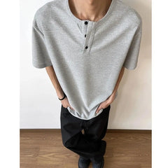 Henley Collar Summer Men Short Sleeve T-Shirt Waffle Button Casual Solid Color T Shirts Loose Comfortable Breathable Beach Tops voguable