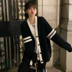 Varsity Cardigan Sweater for Women Long Sleeve V-Neck Button-up Knit Slouchy Cardi Korean School-girl Preppy Fall Winter Outfit voguable