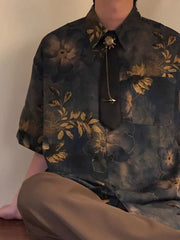 Summer American Trendy Casual Tops New Chinese Style Vintage Hong Kong Style Printed Short-sleeved Shirt Men's Loose Tops Chic voguable