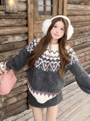 Women Retro Print Christmas Red Sweater O Neck Casual Long Sleeve Sweet Knitted Jumper Vintage Lazy Wind Loose Japan Cute Tops voguable
