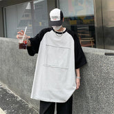 Voguable American Retro Raglan Sleeve T-shirt for Men's Summer Trendy Unisex Loose Teen Contrast Spliced Versatile O-Neck Shirt voguable