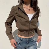 Voguable Retro Brown Fall Cargo Jacket Women Casual Sports Slim Fit Windproof Turtleneck Baseball Coats Motorcycle Streetwear Outwear voguable