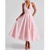 Elegant Sexy Evening Party Dresses Women Korean Style Halter V-neck Dress Sweet Backless Yellow Summer Solid Midi Dress voguable