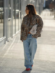 Leopard Print Lace Up Quilted Jacket Women Collarless Long Sleeves Patchwork Pocket Causal Coat Autumn Fashion Street Outerwear voguable