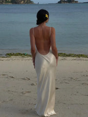 Elegant Backless Satin Women Long Dress Sexy Sleeveless U-neck Slim White Maxi Dresses 2024 Summer Female Beach Party Robes voguable
