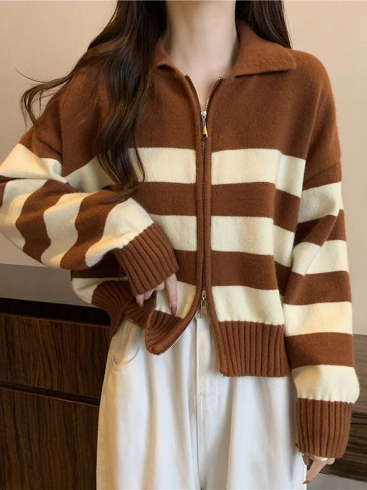 Voguable Chic Double Zipper Striped Cardigan Sweater Women Korean Casual Simple Knitted Tops Fall Winter Turn Down Collar Outwear voguable