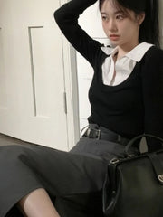 False Two piece Long sleeve Cropped T-Shirt With Collar Women Sexy Body Polo Neck Crop Top Spring Fall Basic Tee Lady Korean New voguable