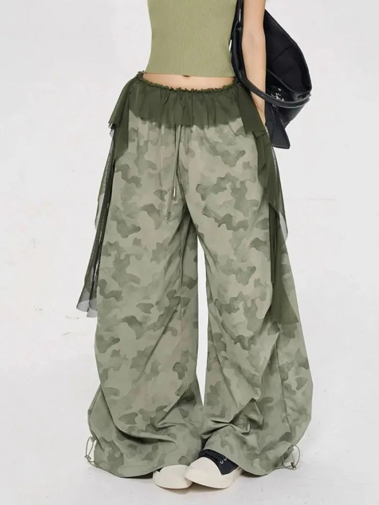 Lace Patchwork Camouflage Pant Women Y2K Hip Hop Streetwear Cargo Trousers Vintage High Waist American Fall Design Wide Leg Pant voguable