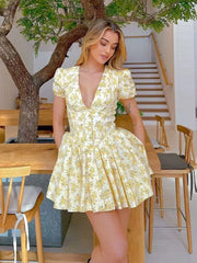 New Women Vintage Puff Short Sleeve V Neck Yellow Floral Print Dress Pleated Hem Female Holiday Summer Mini Robe