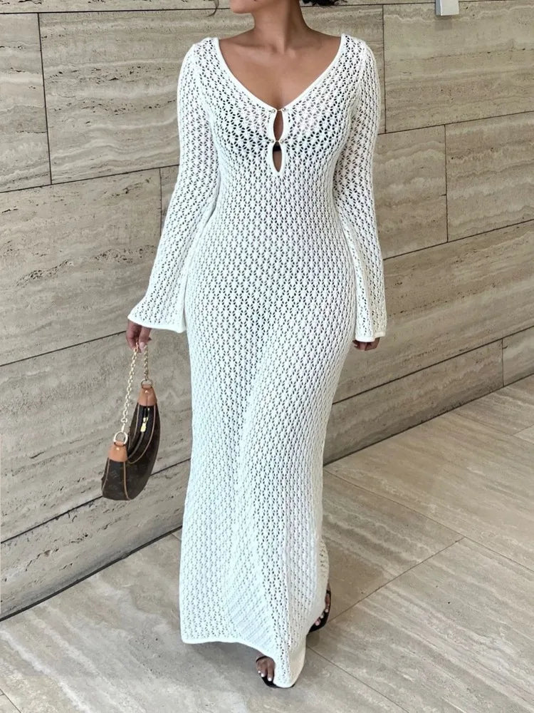 White Knit Fashion Cover up Maxi Dress Female See-Through V-Neck Hollow Out Beach Holiday Dress Knitwear Backless Dress voguable
