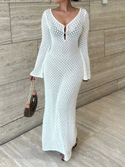 White Knit Fashion Cover up Maxi Dress Female See-Through V-Neck Hollow Out Beach Holiday Dress Knitwear Backless Dress voguable