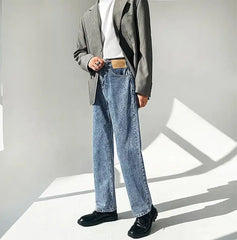 Minimalist Style High-end Jeans Men's Trousers Solid Color Loose Straight Denim Pants Male Draped Dark Blue Trousers voguable