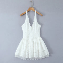 White Lace Embroidery Halter Neck Dress 2025 New Summer Sleeveless Backless Sexy A-Line Dresses Women Slim Party Dress voguable