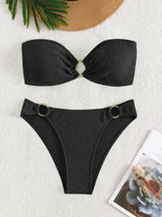 Voguable Sexy Black Bikini Set Women Bandeau Ring Linked Push Up Micro Swimsuit Solid Black Bathing Suit Thong Swimwear Beachwear voguable