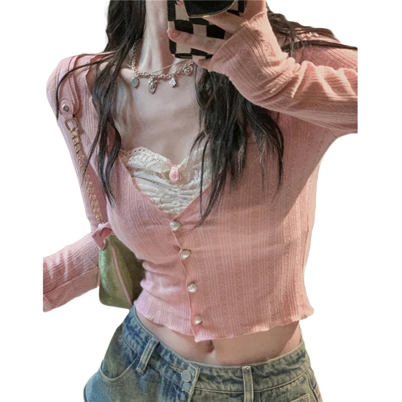 y2k Crop Top Sweet Aesthetic Clothes Women Lace Patchwork Long Sleeve T Shirt with Bow Decor 2000s Clothing Streetwear voguable