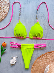 Voguable Sexy Neon Green Patchwork Bikini Set Women Shell Strap Push Up Bra Hollow Out Thong Swimsuit Beach Bathing Suit Swimwear voguable