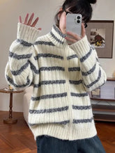 Lazy Wind Vintage Striped Cardigan Women Casual Preppy Style Loose Knitted Sweaters Japan Retro Stand Up Collar Long Sleeve Tops voguable