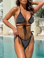 Shiny Sequin Diamond Bikini Women Swimwear Female Swimsuit Two-pieces Bikini Set Wrap Around Halter Bathing Suit Swim Beach Wear voguable