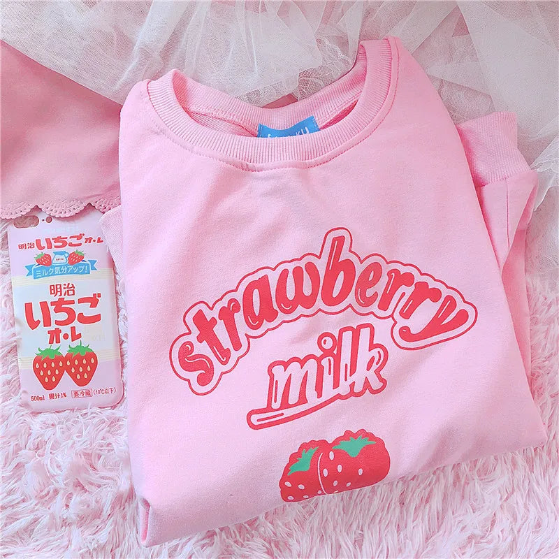S-3XL Harajuku Kawaii Sweatshirt Strawberry Pink Sweatshirts Spring Kpop Korean Style Fleece Women Cute Top Outwear for Girls voguable