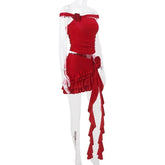 Voguable 3D Floral Sexy Y2K Red Two Piece Women Cropped Top and Tassel Ruffles Mini Skirts Matching Sets Summer Fashion Club Outfits voguable