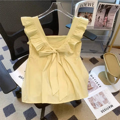 Voguable Elegant Sweet Square Collar White Blouses New Ruffles Flying Sleeve Shirts Summer Backless Bow Vest for Women voguable