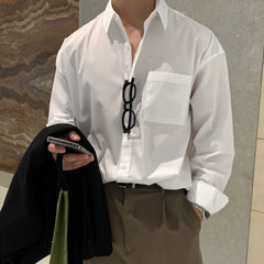 Voguable Korean Fashion Men High-end Light Blue Shirt Men Summer Solid Color Simple Casual Loose Button Pocket Long sleeve Shirts for Men voguable