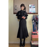 Voguable Y2K Gothic Black Midi Dress Women Japanese Lolita Bow Cape Dresses Harajuku Vintage Grunge Long Sleeve Bandage Bodycon Vestidos voguable