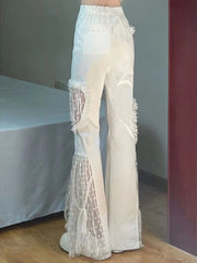 Voguable Japan Patchwork Lace Women Pants High Waist Mesh Summer White Designed Hollow Out Female Flare trousers voguable