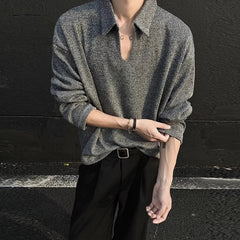 New American Retro Men Polo Shirt Luxury Knitted Solid Color V Neck Long Sleeve T-shirt Casual Premium Quality Textured Knitwear voguable