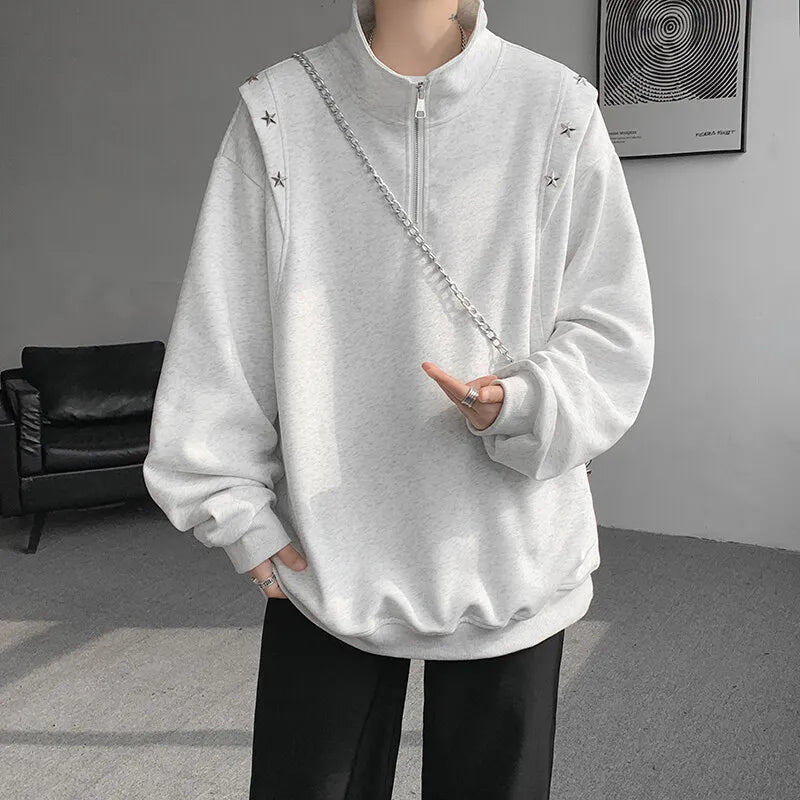 Men hoodie Stand Collar Half Zip Sweatshirt Star Shoulder Design 2025 New Fashion Casual Streetwear Comfort Athletic Pullover voguable