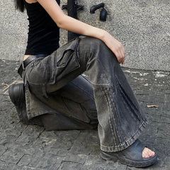 Voguable American Retro Pleated Pockets Loose Casual Wide Leg Jeans Women 2024 Spring New Low Waist Washed Distressed Cargo Pants voguable