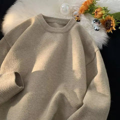 New Japanese Retro Men Knitted Sweater Light Luxury Casual O Neck Solid Color Long Sleeve Pullovers Loose High Street Knitwear voguable