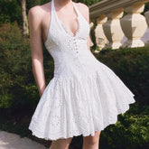 French Style Sexy Backless Halter Dress For Women Hollow Out Embroidery White Party Mini Dresses Chic Lady Summer Robe