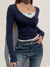 Voguable Polka Dot Printed Lace Patchwork Fake Two-piece Top y2k Coquette Long Sleeve T-shirt Harajuku Pullover Cute Tees Casual voguable