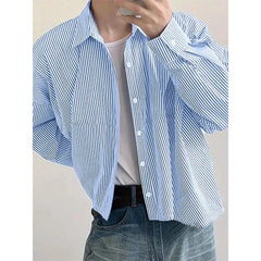 New Japanese Trendy Men Shirts Light Luxury Textured Lapel Striped Long Sleeve Cardigan Tops Leisure Premium Loose Blouse M-2XL voguable
