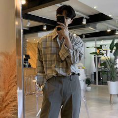 Autumn Cotton Long Sleeve Shirt Men Fashion Retro Khaki Black Plaid Shirts Mens Korean Loose Oversized Casual Shirt Men M-2XL voguable