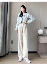 Voguable Winter Thick Loose Casual Female Wide Leg Pants Pure Color Chic Buttons Straight Slim Fashion Women Pants Black Apricot voguable