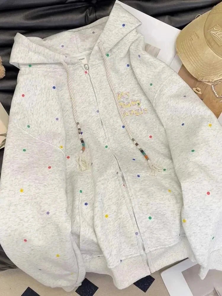 Vintage Dot Sweet Hoodies Women Letter Embroidery Cute Loose Sweatshirts Casual Preppy Style Long Sleeve Lady Japan Tops voguable