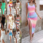 Voguable Elegant Women's Summer Dress Slimming Waist Sexy Slit Vest Skirt Cleanfit Style mid Waist Gathered H Version Cotton Blend voguable