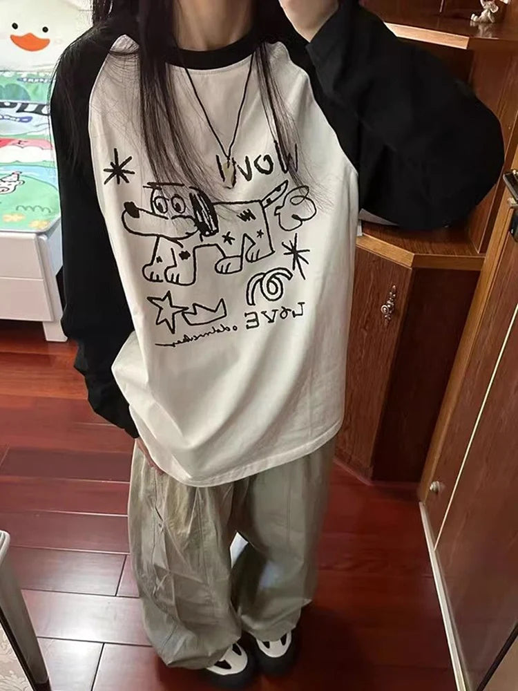 Voguable Japan Kawaii T Shirt Women Cute Anime Long Sleeve Oversize Tops Casual Preppy Style O Neck All Match Female Vintage Tees voguable