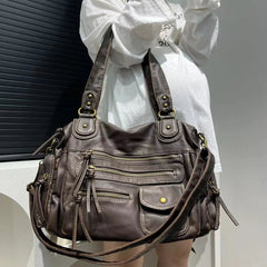Y2K Hot Girl Single Shoulder Crossbody Bag Vintage Washed Leather Motorcycle Bag Large Capacity Multi Pocket Bag voguable