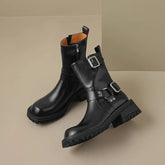 Women Shoes Genuine Leather Ankle Boots Fashion Buckles Design Thick Heels New Winter High-heel Shoes Woman Platform Boots voguable