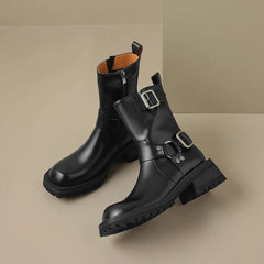 Women Shoes Genuine Leather Ankle Boots Fashion Buckles Design Thick Heels New Winter High-heel Shoes Woman Platform Boots voguable