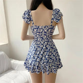 Voguable Vintage Blue Floral Print Korean Swimsuit Dress One Piece Swimwear Women Beach Wear Ruffled Drawstring Swimming Suit Bather voguable