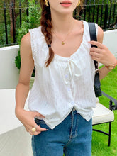 Voguable Lace Sleeveless Lace Up Korean Women Shirt All Match Plaid Casual Solid Female Tees Pleats Fashion Daily O Neck Ladies Tops voguable