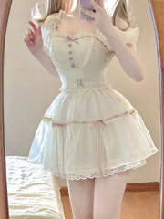 Voguable Sweet Square Neck 2 Piece Dress Set Women Summer Short Sleeve Y2k Crop Tops + Casual Mini Skirt Korean Fashion Female Suit voguable