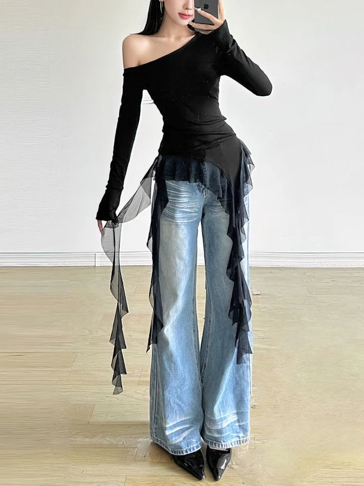 Ruffles Tassel Off shoulder Long sleeve T shirt Women Sweet Gentle Streetwear Party Basic Top Tees Shirt Sexy 2025 New voguable