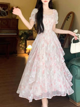 Voguable Summer French Style Floral Printed Dress Slim Casual Long Chiffon Dress Short Sleeve Women Vacation Fairy Dress voguable